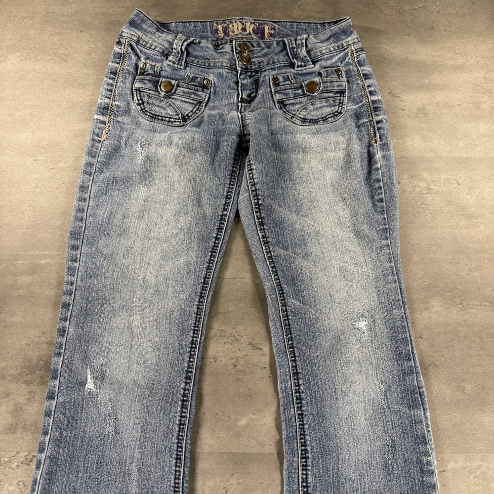 TRUCE Jeans Womens 28 Flare Bootcut Light Wash Flap Pocket Punk Grunge Vintage